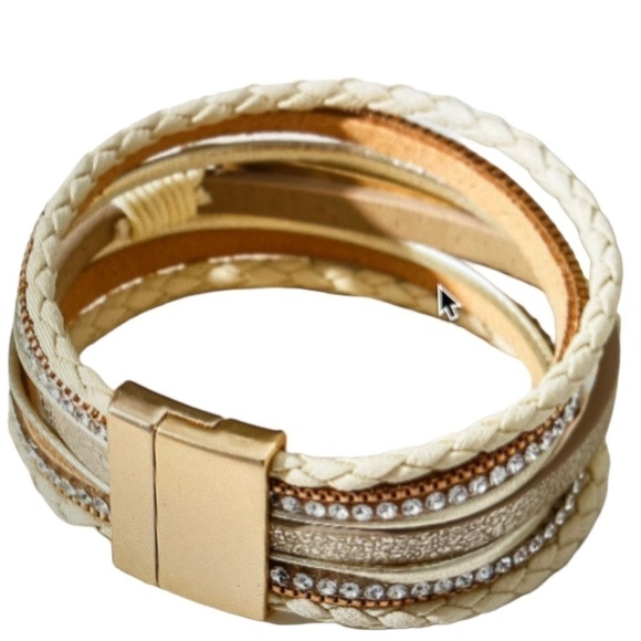 Boho Ethnic "Blessed" PU Leather Multi Layer Rhinestone Studded Bracelet - Picture 2 of 5